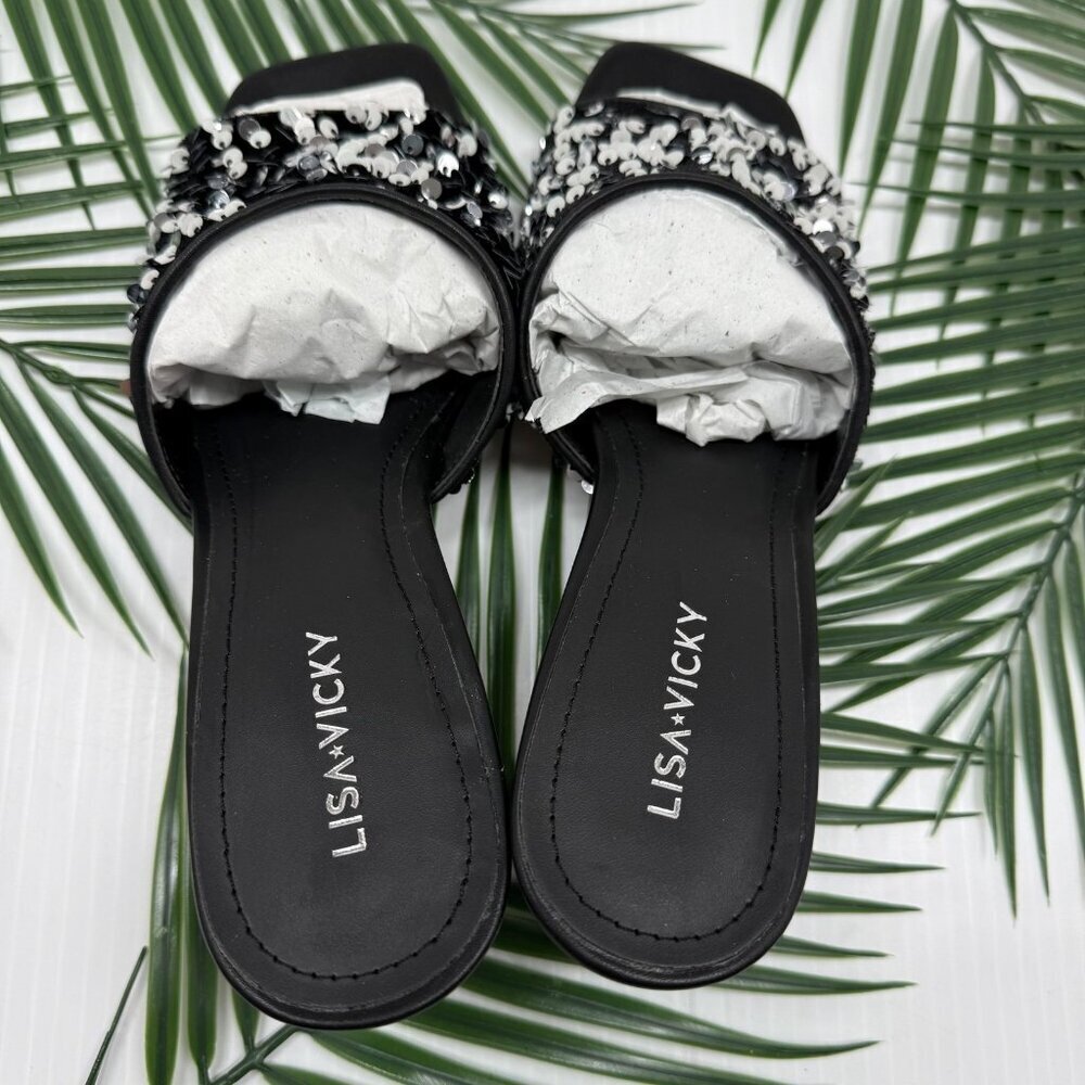 Lisa Vicky Sequin Slide Mule Heels 8.5 Black Silver Party Dressy Shoes NWT Shiny - Picture 7 of 11